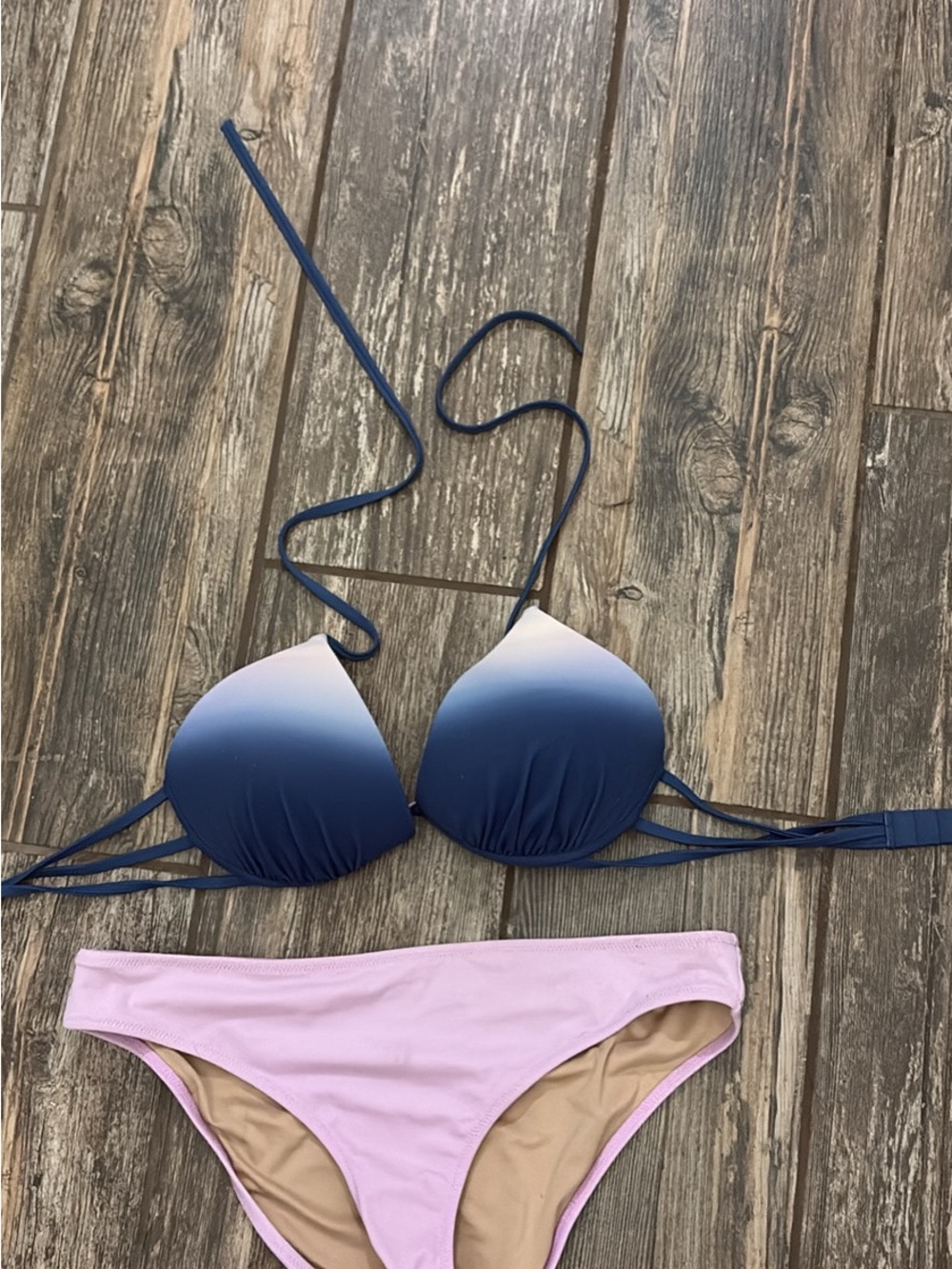 Shade & Shore Ombre Navy to White Halter Bikini Top with Light Pink Bottoms